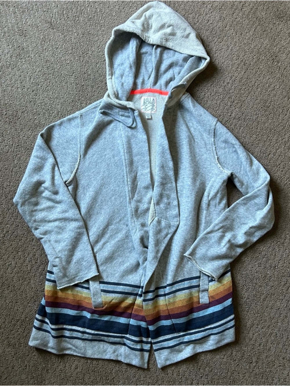 Billabong Women's Gray Striped Hooded Cardigan Sweater Open Front Size Large